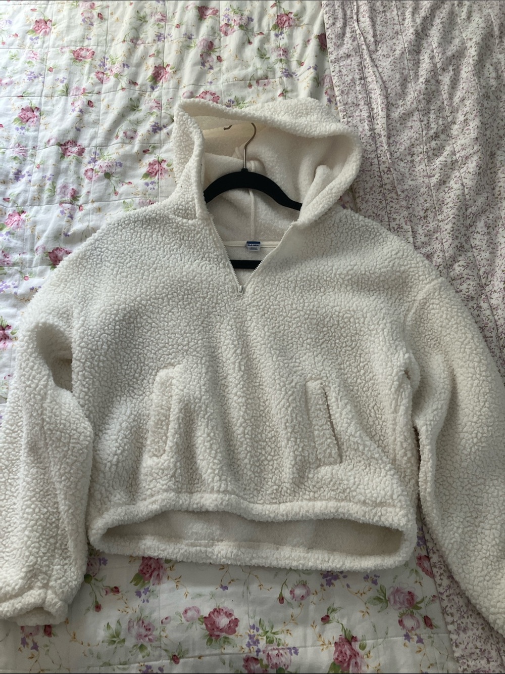 Cream fleece quarter zip cropped hoodie